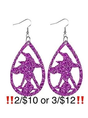 Witch Earrings Purple Glitter Faux Leather Sparkly Dangling Halloween Earrings